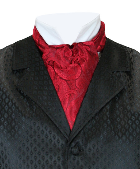  Victorian Old West Mens Ties Red Satin Microfiber Synthetic Paisley Ascots |Antique Vintage Fashioned Wedding Theatrical Reenacting Costume |