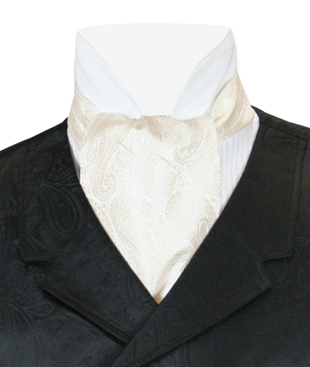  Victorian Old West Edwardian Mens Ties Ivory Satin Microfiber Synthetic Paisley Ascots |Antique Vintage Fashioned Wedding Theatrical Reenacting Costume |