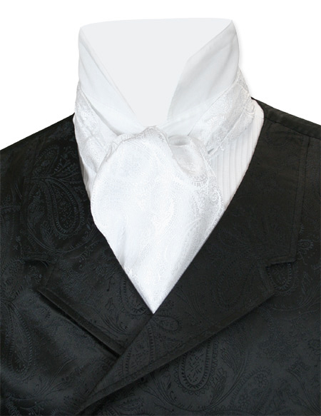  Victorian Old West Edwardian Mens Ties White Satin Microfiber Synthetic Paisley Ascots |Antique Vintage Fashioned Wedding Theatrical Reenacting Costume |
