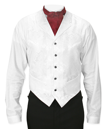  Victorian Old West Mens Vests White Satin Synthetic Microfiber Floral Dress |Antique Vintage Fashioned Wedding Theatrical Reenacting Costume |