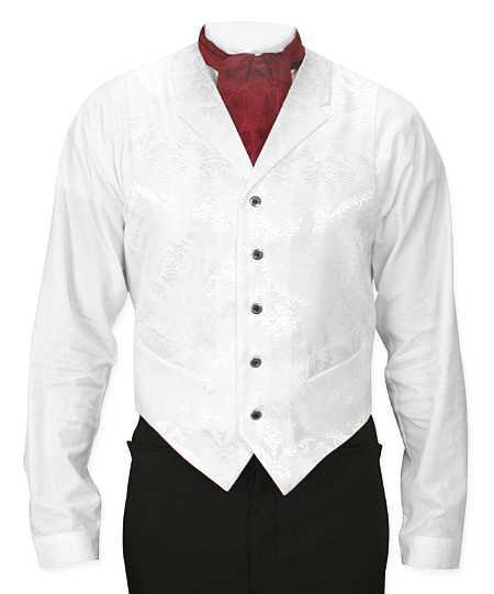  Victorian Old West Edwardian Mens Vests White Satin Microfiber Synthetic Floral Dress |Antique Vintage Fashioned Wedding Theatrical Reenacting Costume | Dickens