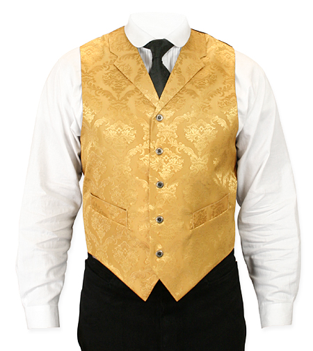  Victorian Old West Mens Vests Gold Satin Synthetic Microfiber Floral Dress |Antique Vintage Fashioned Wedding Theatrical Reenacting Costume |