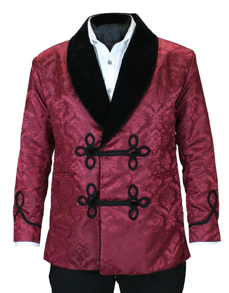  Victorian Edwardian Mens Coats Burgundy Brocade Velvet Synthetic Floral Smoking Jackets |Antique Vintage Old Fashioned Wedding Theatrical Reenacting Costume |