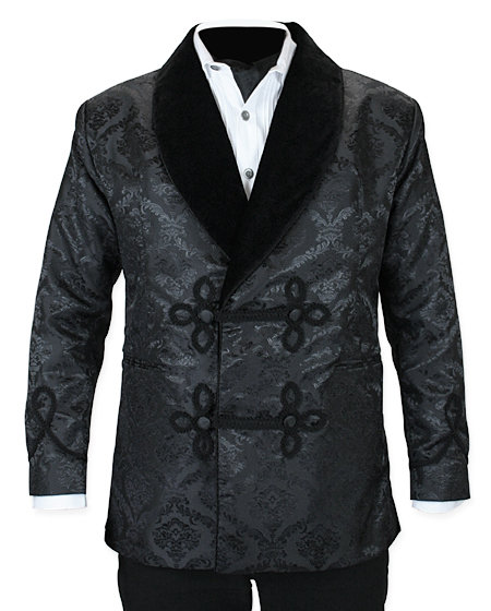  Victorian Mens Coats Black Brocade Velvet Synthetic Floral Smoking Jackets |Antique Vintage Old Fashioned Wedding Theatrical Reenacting Costume | Sets