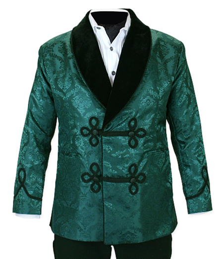  Victorian Edwardian Mens Coats Green Brocade Velvet Synthetic Floral Smoking Jackets |Antique Vintage Old Fashioned Wedding Theatrical Reenacting Costume |