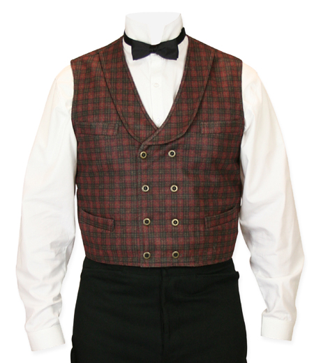  Victorian Old West Edwardian Mens Vests Red Synthetic Plaid Dress |Antique Vintage Fashioned Wedding Theatrical Reenacting Costume |