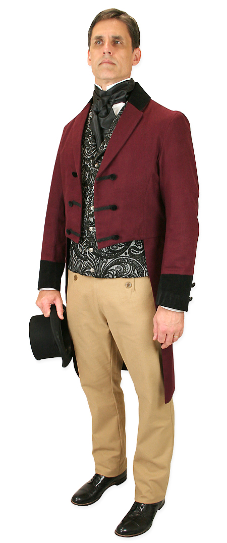  Victorian Regency Steampunk Mens Coats Burgundy Red Cotton Velvet Solid Tail |Antique Vintage Old Fashioned Wedding Theatrical Reenacting Costume |