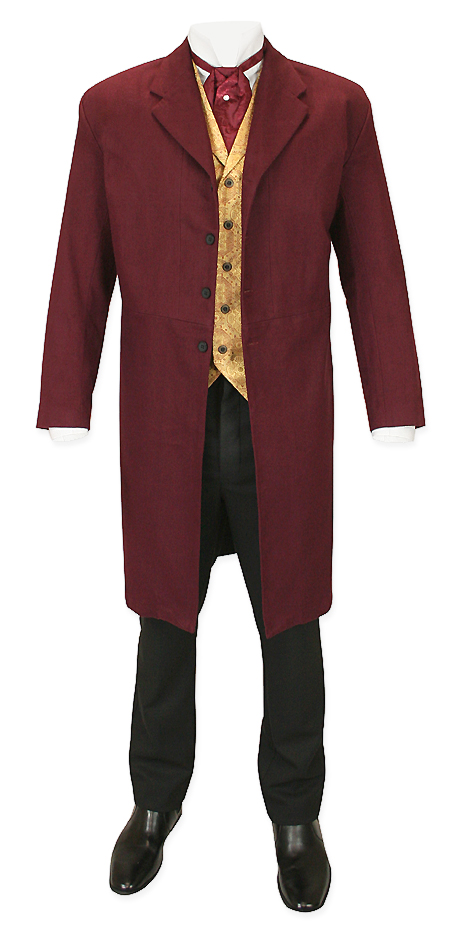 Victorian Old West Mens Coats Burgundy Red Cotton Solid Frock |Antique Vintage Fashioned Wedding Theatrical Reenacting Costume | Gifts for Him
