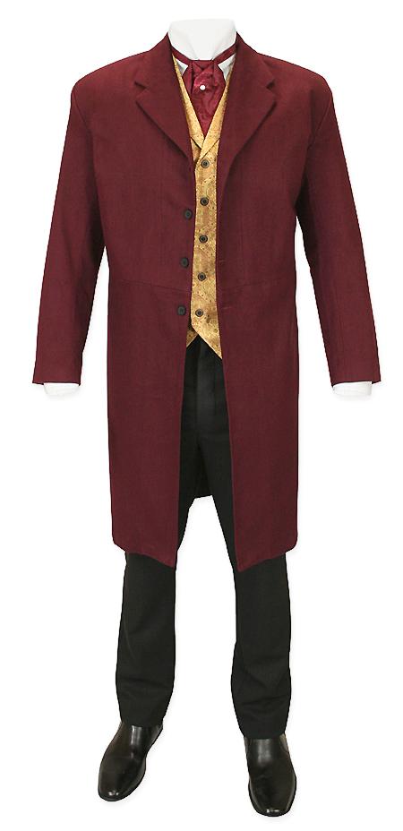  Victorian Old West Mens Coats Burgundy Red Cotton Solid Frock |Antique Vintage Fashioned Wedding Theatrical Reenacting Costume | Gifts for Him Dickens