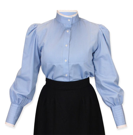  Victorian Old West Edwardian Ladies Blouses Blue Cotton Solid Traditional Fit Colorful |Antique Vintage Fashioned Wedding Theatrical Reenacting Costume |