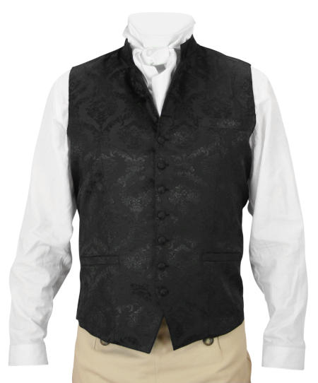  Victorian Old West Steampunk Regency Mens Vests Black Satin Synthetic Microfiber Floral Dress Clerical |Antique Vintage Fashioned Wedding Theatrical Reenacting Costume |