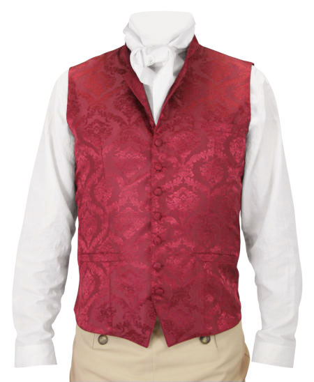  Victorian Regency Old West Steampunk Mens Vests Burgundy Red Satin Microfiber Synthetic Floral Dress Clerical |Antique Vintage Fashioned Wedding Theatrical Reenacting Costume |