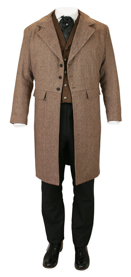  Victorian Edwardian Old West Mens Coats Brown Tweed Wool Blend Synthetic Herringbone Frock Matched Separates |Antique Vintage Fashioned Wedding Theatrical Reenacting Costume | Gifts for Him Dickens