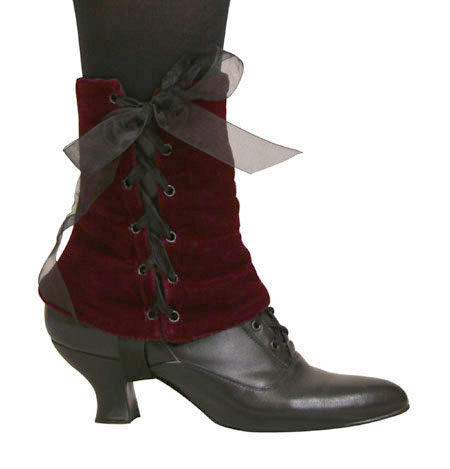  Victorian Old West Steampunk Ladies Footwear Burgundy Red Velvet Synthetic Solid Spats and Gaiters |Antique Vintage Fashioned Wedding Theatrical Reenacting Costume |