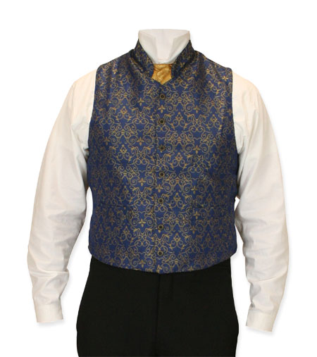  Victorian Regency Steampunk Mens Vests Blue Gold Satin Microfiber Synthetic Scroll Dress Clerical |Antique Vintage Old Fashioned Wedding Theatrical Reenacting Costume |