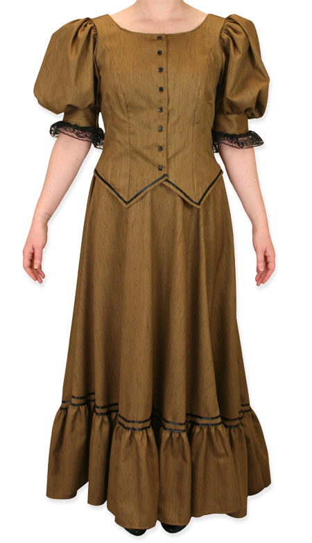  Victorian Old West Ladies Dresses and Suits Gold Brown Satin Synthetic Solid |Antique Vintage Fashioned Wedding Theatrical Reenacting Costume |