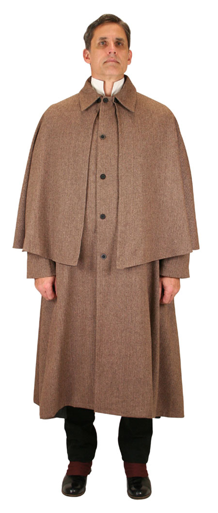  Victorian Old West Edwardian Mens Coats Brown Tweed Wool Blend Synthetic Herringbone Cloaks Overcoats Inverness Ulster Matched Separates |Antique Vintage Fashioned Wedding Theatrical Reenacting Costume | Dickens