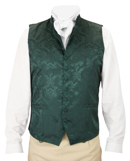  Victorian Regency Old West Steampunk Mens Vests Green Satin Microfiber Synthetic Floral Dress Clerical |Antique Vintage Fashioned Wedding Theatrical Reenacting Costume |