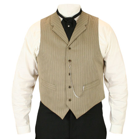  Victorian Old West Edwardian Mens Vests Tan Cotton Blend Stripe Dress |Antique Vintage Fashioned Wedding Theatrical Reenacting Costume |