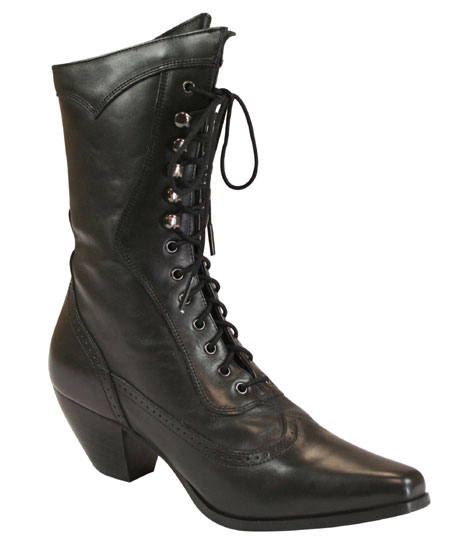  Victorian Old West Edwardian Ladies Footwear Black Leather Solid Calf Boots |Antique Vintage Fashioned Wedding Theatrical Reenacting Costume | Motorist Aviator