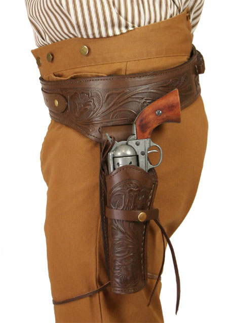  Old West Holsters and Gunbelts Chocolate Brown Leather Tooled Gunbelt Holster Combos |Antique Vintage Fashioned Wedding Theatrical Reenacting Costume |