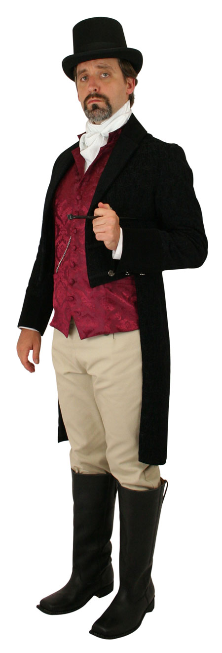  Victorian Mens Coats Black Tapestry Synthetic Floral Tail |Antique Vintage Old Fashioned Wedding Theatrical Reenacting Costume |