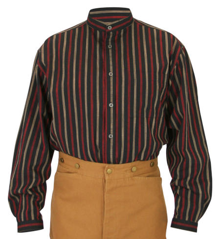  Old West Mens Shirts Red Black Cotton Stripe Work Grandfather |Antique Vintage Fashioned Wedding Theatrical Reenacting Costume |