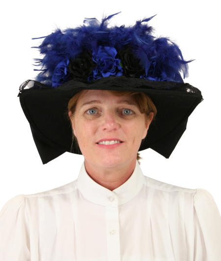  Victorian Edwardian Ladies Hats Blue Black Wool Felt Touring |Antique Vintage Old Fashioned Wedding Theatrical Reenacting Costume |