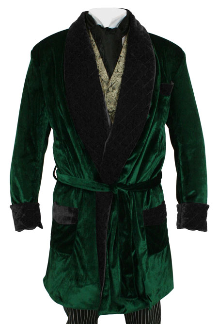  Victorian Edwardian Mens Coats Green Velvet Synthetic Solid Smoking Robes Jackets |Antique Vintage Old Fashioned Wedding Theatrical Reenacting Costume |