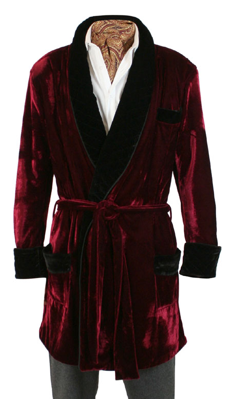  Victorian Edwardian Mens Coats Burgundy Red Velvet Synthetic Solid Smoking Robes Jackets |Antique Vintage Old Fashioned Wedding Theatrical Reenacting Costume |