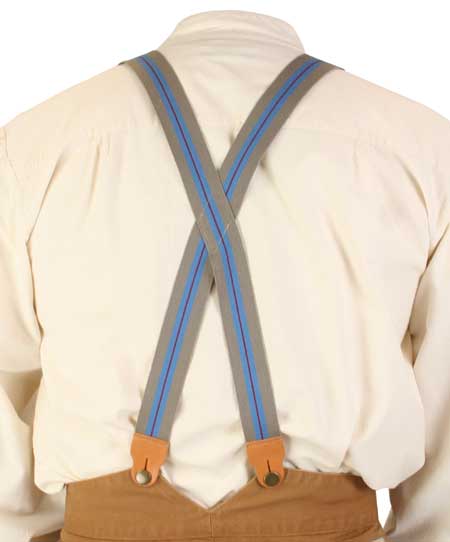  Victorian Old West Edwardian Suspenders Gray Blue Cotton X-Back Braces |Antique Vintage Fashioned Wedding Theatrical Reenacting Costume | Standard