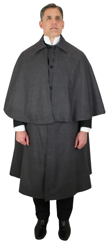  Victorian Old West Edwardian Mens Coats Gray Cotton Solid Cloaks Overcoats Inverness |Antique Vintage Fashioned Wedding Theatrical Reenacting Costume | Dickens