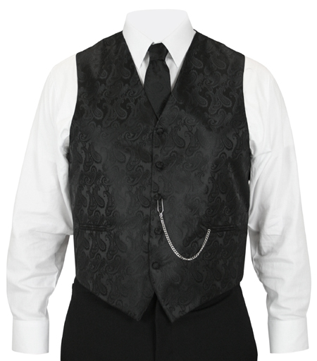  Victorian Old West Mens Vests Black Satin Microfiber Synthetic Paisley Dress Tie Included |Antique Vintage Fashioned Wedding Theatrical Reenacting Costume |
