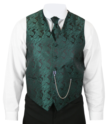  Victorian Old West Mens Vests Green Satin Microfiber Synthetic Paisley Dress Tie Included |Antique Vintage Fashioned Wedding Theatrical Reenacting Costume |