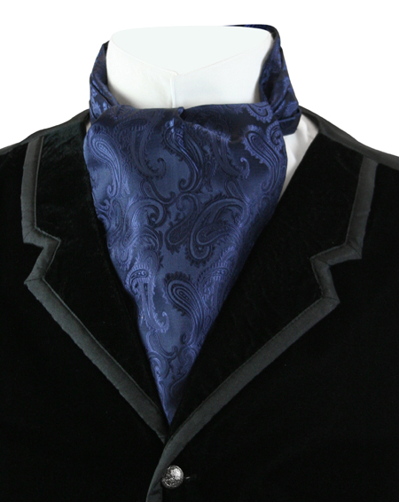  Victorian Old West Edwardian Mens Ties Blue Satin Microfiber Synthetic Paisley Ascots |Antique Vintage Fashioned Wedding Theatrical Reenacting Costume |