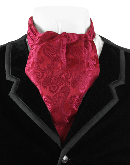  Victorian Old West Edwardian Mens Ties Burgundy Red Satin Microfiber Synthetic Paisley Ascots |Antique Vintage Fashioned Wedding Theatrical Reenacting Costume |