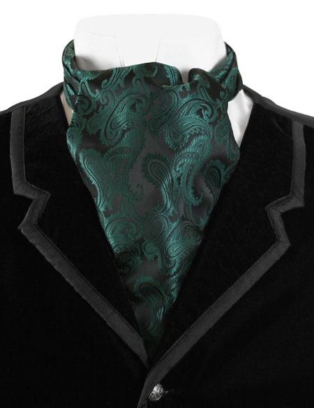 Victorian Old West Edwardian Mens Ties Green Satin Microfiber Synthetic Paisley Ascots |Antique Vintage Fashioned Wedding Theatrical Reenacting Costume | Smoking