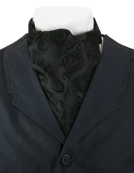  Victorian Old West Edwardian Mens Ties Black Satin Microfiber Synthetic Paisley Ascots |Antique Vintage Fashioned Wedding Theatrical Reenacting Costume | Smoking
