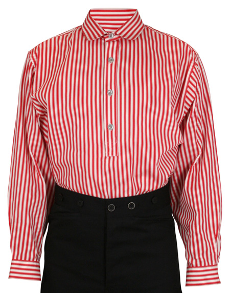  Victorian Old West Edwardian Mens Shirts Red Cotton Stripe Work |Antique Vintage Fashioned Wedding Theatrical Reenacting Costume |
