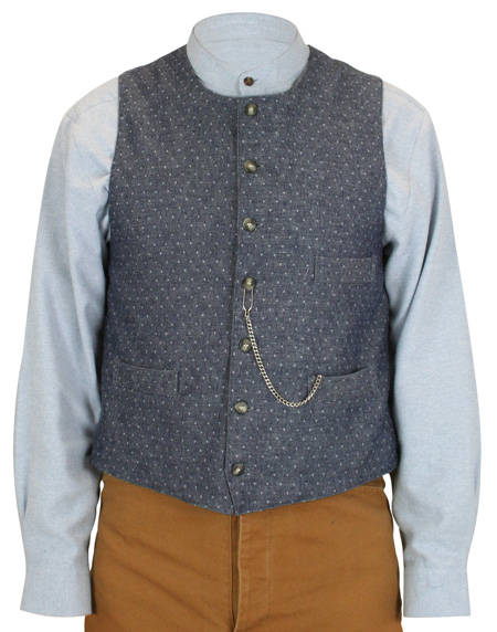  Victorian Old West Edwardian Mens Vests Blue Cotton Geometric Work |Antique Vintage Fashioned Wedding Theatrical Reenacting Costume |