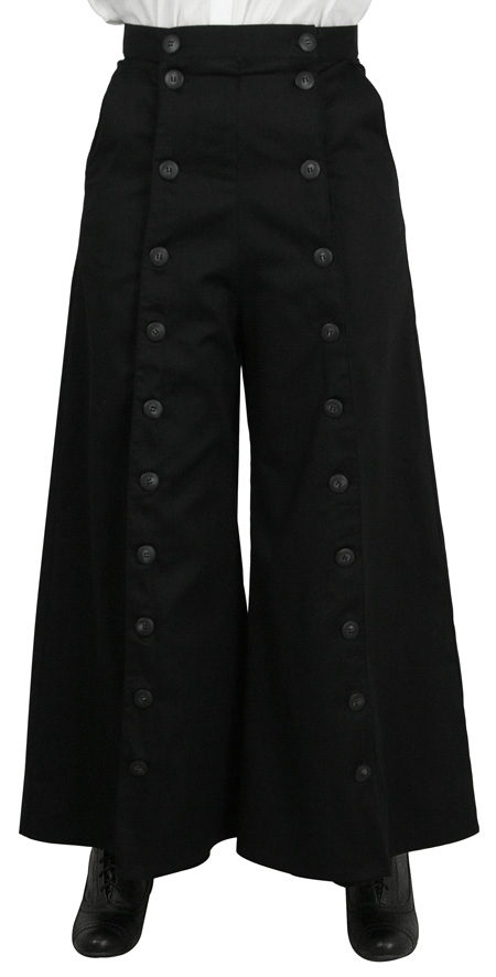  Old West Ladies Pants Black Cotton Solid Work Skirts Riding Split |Antique Vintage Fashioned Wedding Theatrical Reenacting Costume |