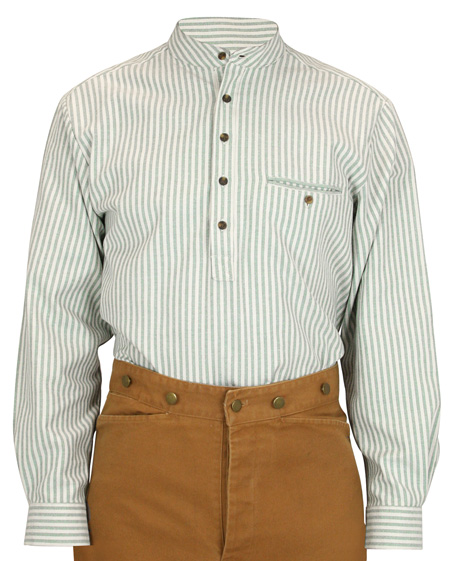  Victorian Edwardian Mens Shirts Green Cotton Stripe Work Grandfather |Antique Vintage Old Fashioned Wedding Theatrical Reenacting Costume |