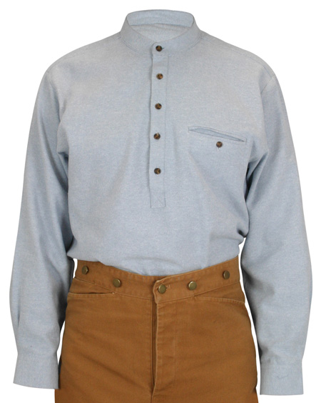  Victorian Edwardian Mens Shirts Blue Cotton Solid Work Grandfather |Antique Vintage Old Fashioned Wedding Theatrical Reenacting Costume |