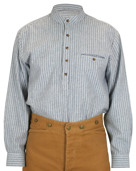  Victorian Edwardian Mens Shirts Gray Cotton Stripe Work Grandfather |Antique Vintage Old Fashioned Wedding Theatrical Reenacting Costume |
