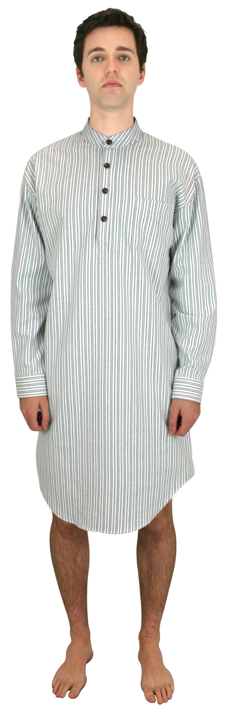  Victorian Edwardian Mens Shirts Blue Ivory Cotton Stripe Nightshirts Grandfather |Antique Vintage Old Fashioned Wedding Theatrical Reenacting Costume |