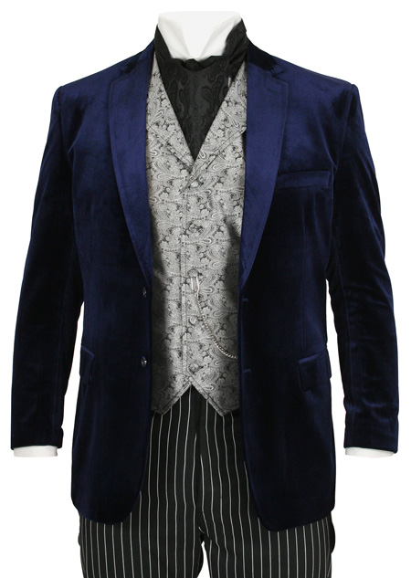  Victorian Edwardian Mens Coats Blue Velvet Synthetic Solid Smoking Jackets |Antique Vintage Old Fashioned Wedding Theatrical Reenacting Costume |