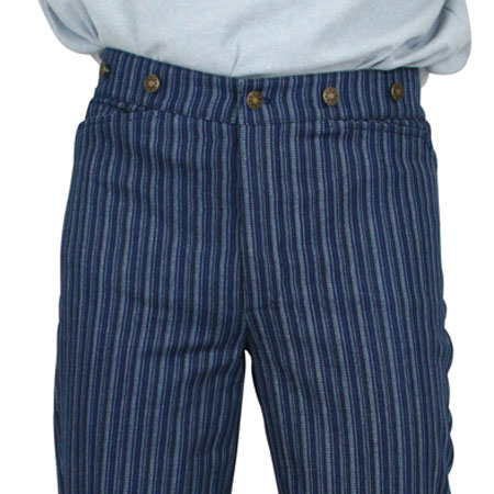  Victorian Old West Steampunk Edwardian Mens Pants Blue Cotton Blend Stripe Dress Work |Antique Vintage Fashioned Wedding Theatrical Reenacting Costume |