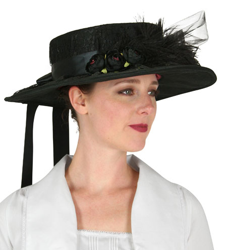  Victorian Edwardian Ladies Hats Black Satin Synthetic Lace Floral Day Boaters |Antique Vintage Old Fashioned Wedding Theatrical Reenacting Costume |