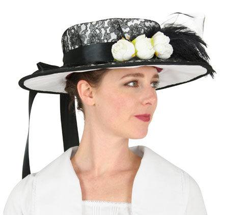  Victorian Edwardian Ladies Hats Black White Satin Synthetic Lace Floral Day Boaters |Antique Vintage Old Fashioned Wedding Theatrical Reenacting Costume |