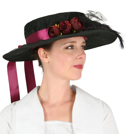  Victorian Edwardian Ladies Hats Burgundy Black Red Satin Synthetic Lace Floral Day Boaters |Antique Vintage Old Fashioned Wedding Theatrical Reenacting Costume |